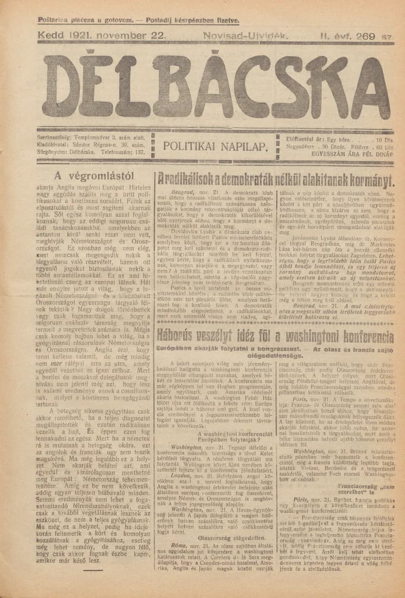 Délbácska, 2. évf. 1921. november 22. 269. sz.