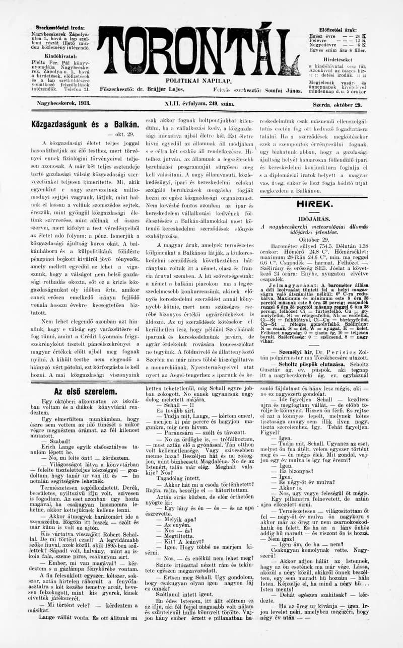 Torontál, 42. évf. 1913. október 29. 249. sz.