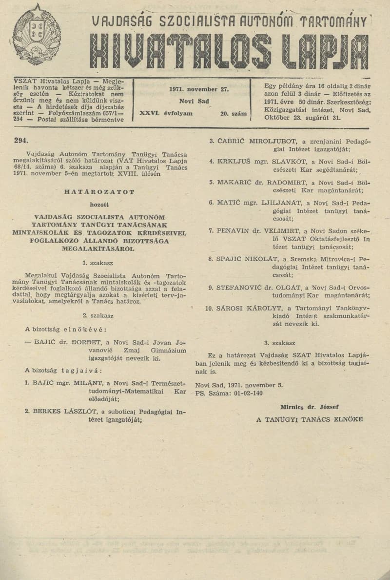 Vajdaság Szocialista Autonóm Tartomány Hivatalos Lapja, 27. évf. 1971. november 27. 20. sz. 345–346. oldal