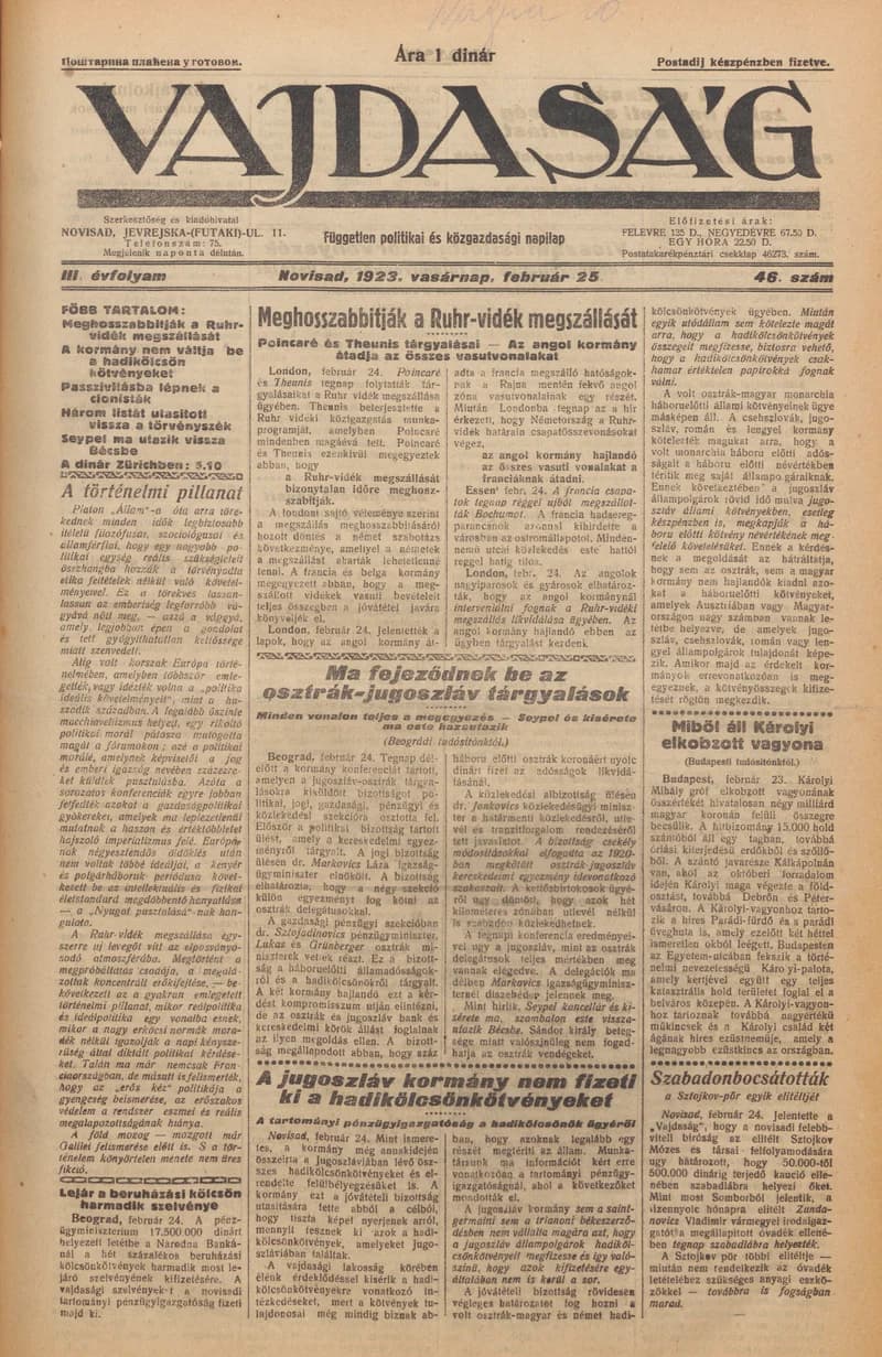 Vajdaság, 3. évf. 1923. február 25. 46. sz.