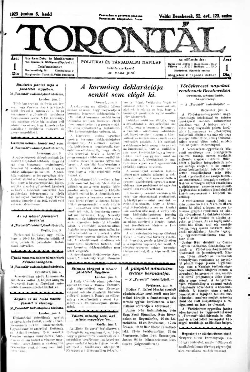 Torontál, 52. évf. 1923. június 5. 123. sz.