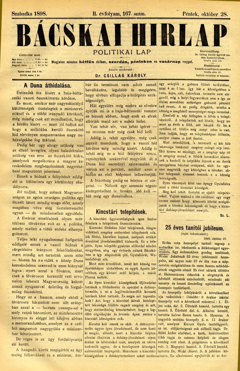 Bácskai Hirlap, 2. évf. 1898. október 28. 167. sz. 1–4. oldal