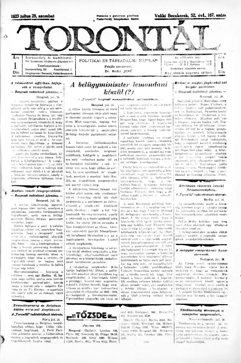 Torontál, 52. évf. 1923. július 28. 167. sz.