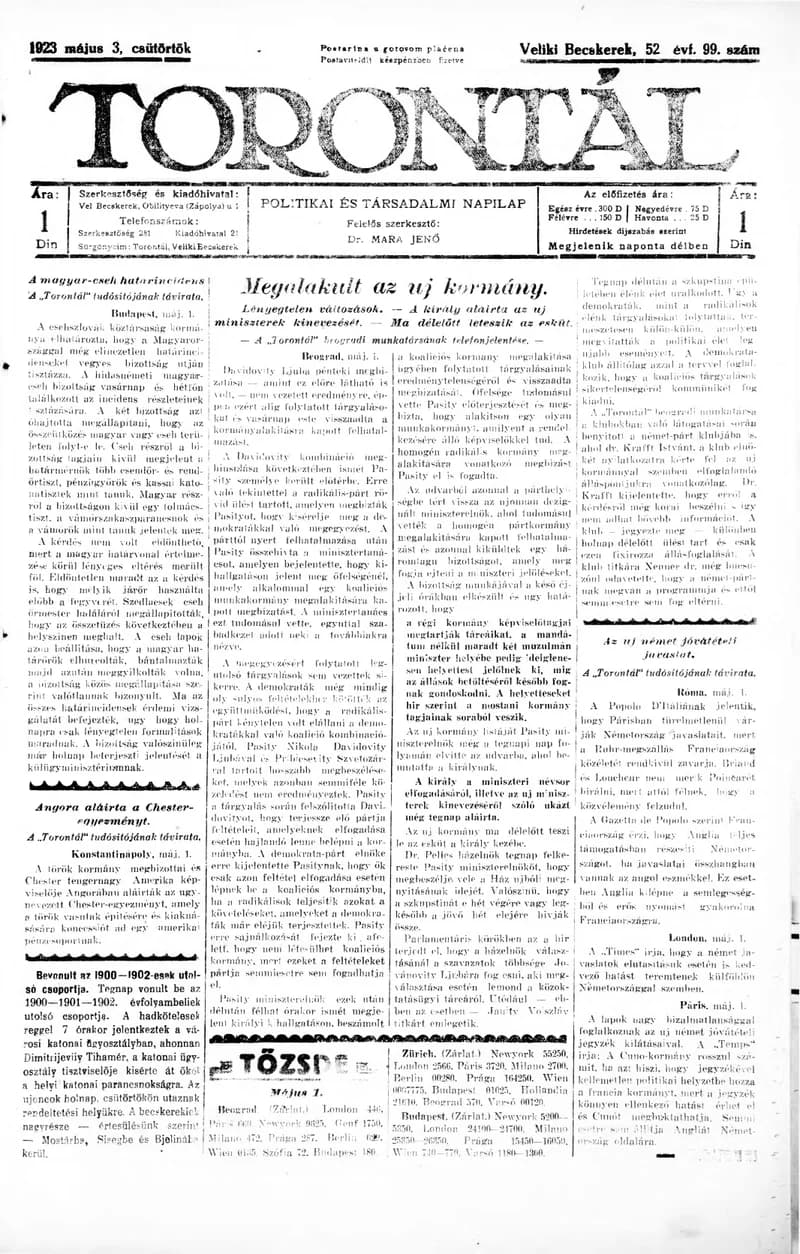 Torontál, 52. évf. 1923. május 3. 99. sz.