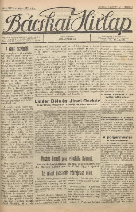 Bácskai Hirlap, 24. évf. 1920. november 21. 202. sz.