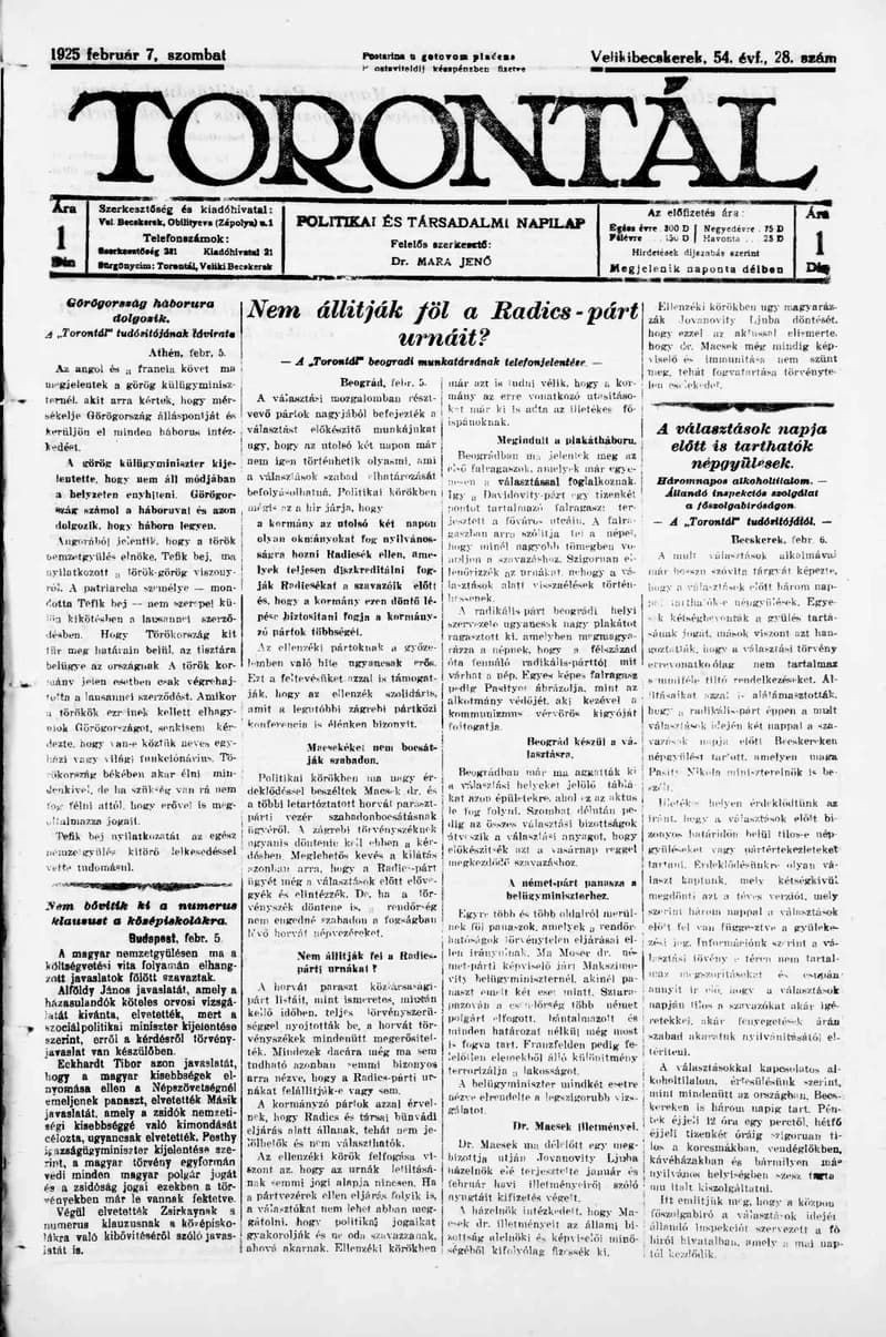 Torontál, 54. évf. 1925. február 7. 28. sz.
