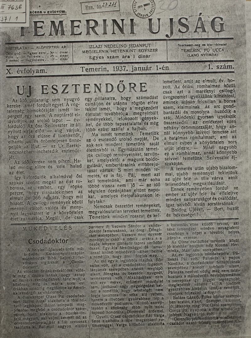 Temerini Újság 1928-1944, 10. évf. 1937. január 1. 1. sz.