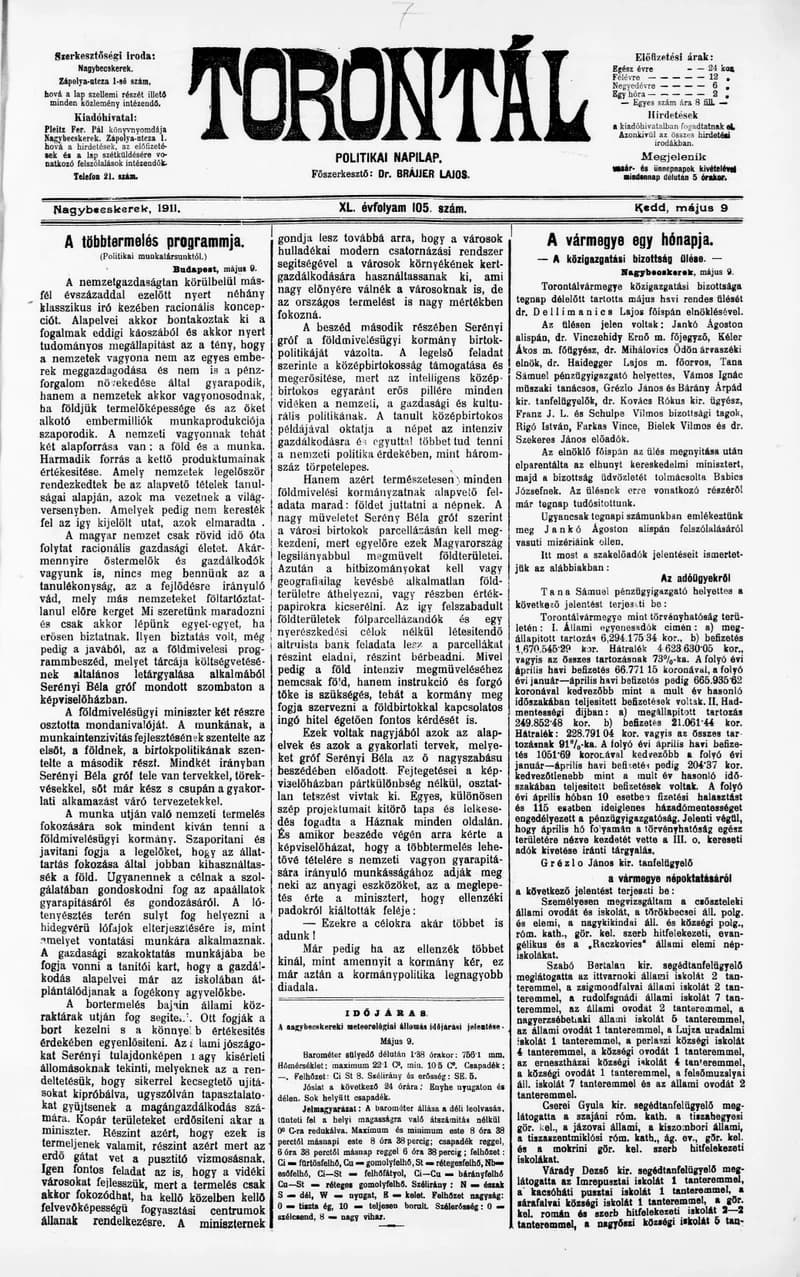 Torontál, 40. évf. 1911. május 9. 105. sz.