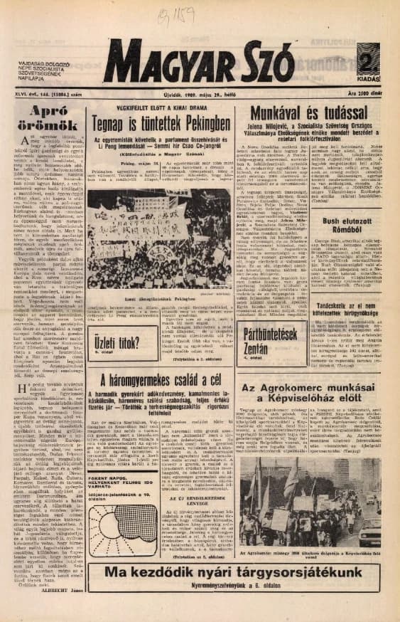 Magyar Szó, 46. évf. 1989. május 29. 144. sz. 1–20. oldal