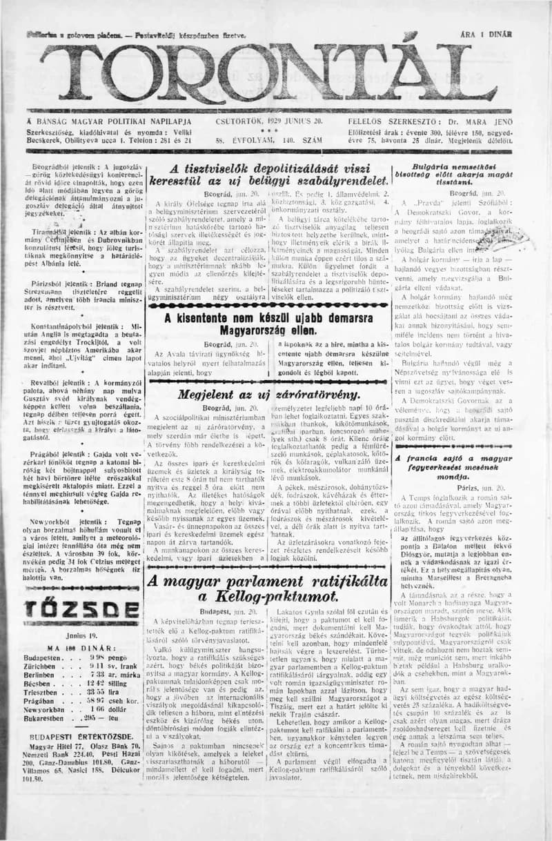 Torontál, 58. évf. 1929. június 20. 140. sz.