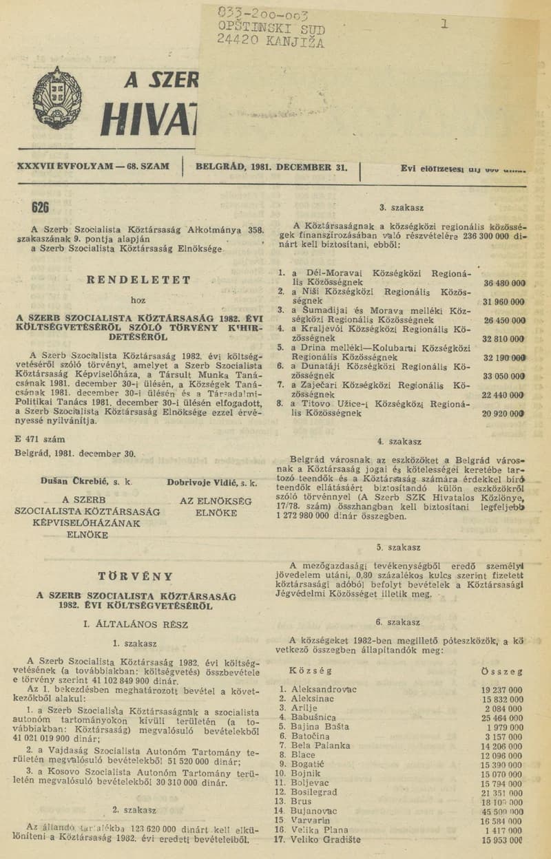 A Szerb Szocialista Köztársaság Hivatalos Közlönye, 37. évf. 1981. december 31. 68. sz.