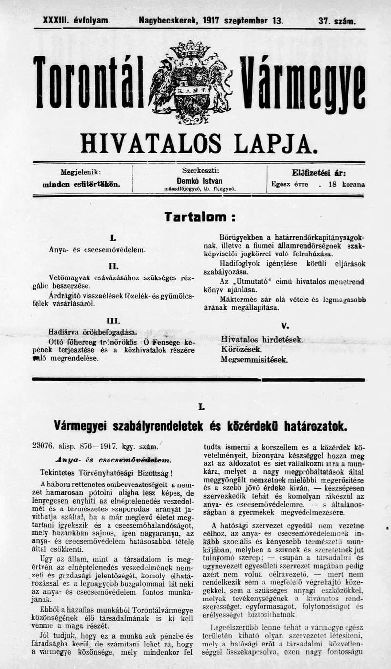 Torontál Vármegye Hivatalos Lapja, 33. évf. 1917. szeptember 13. 37. sz.