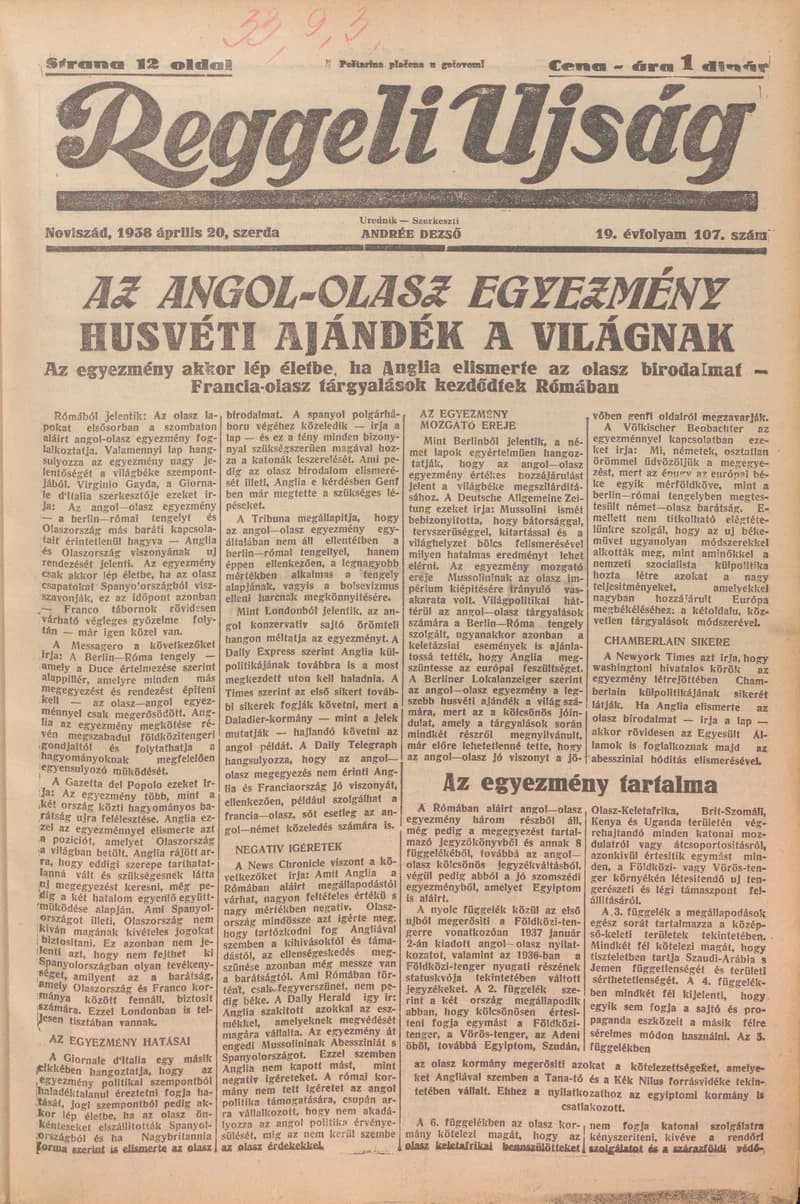 Reggeli Újság, 19. évf. 1938. április 20. 107. sz.