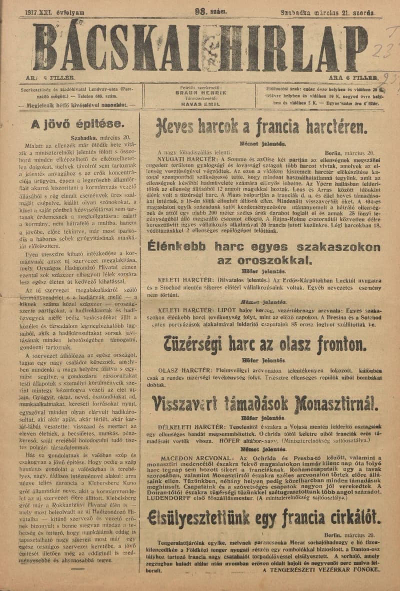 Bácskai Hirlap, 21. évf. 1917. március 21. 98. sz.