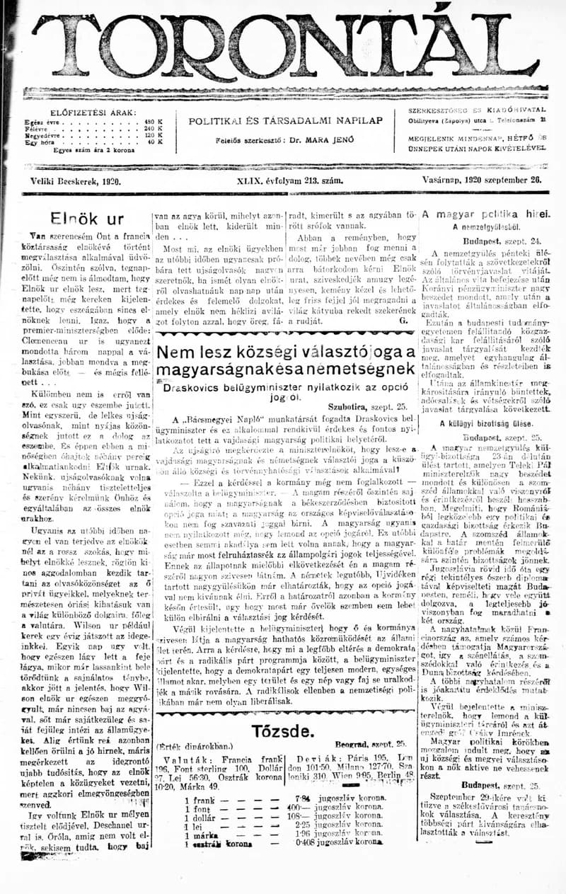 Torontál, 49. évf. 1920. szeptember 26. 213. sz.