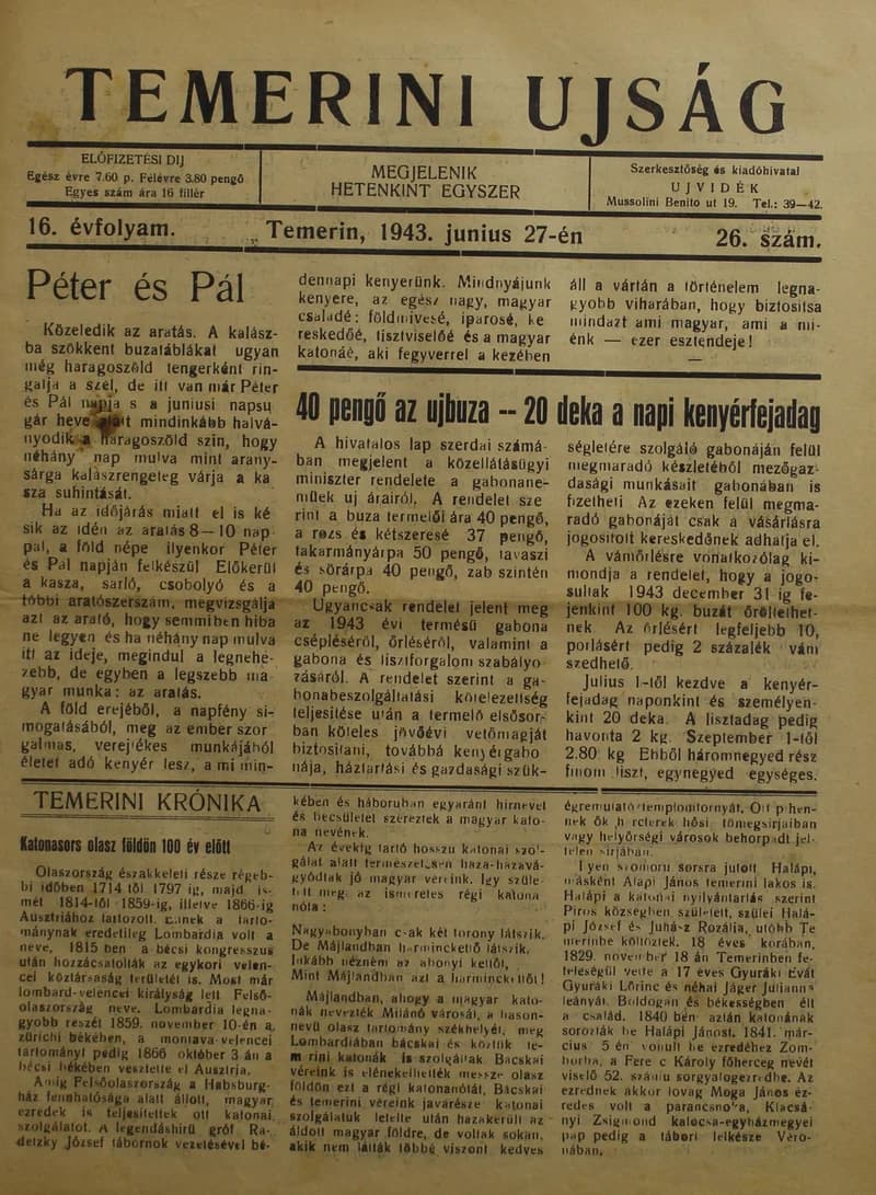Temerini Újság 1928-1944, 16. évf. 1943. június 27. 26. sz.