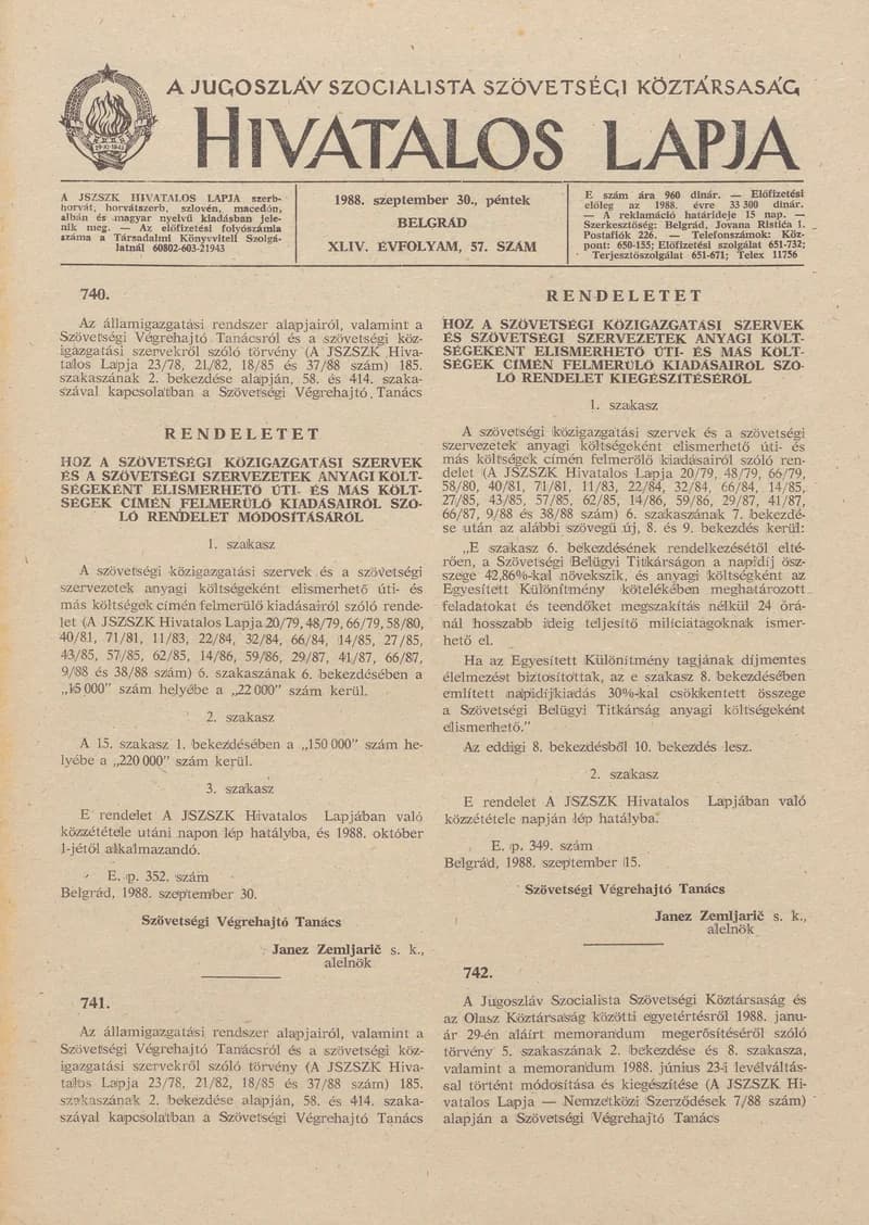 A Jugoszláv Szocialista Szövetségi Köztársaság Hivatalos Lapja, 44. évf. 1988. szeptember 30. 57. sz. 1505–1528. oldal