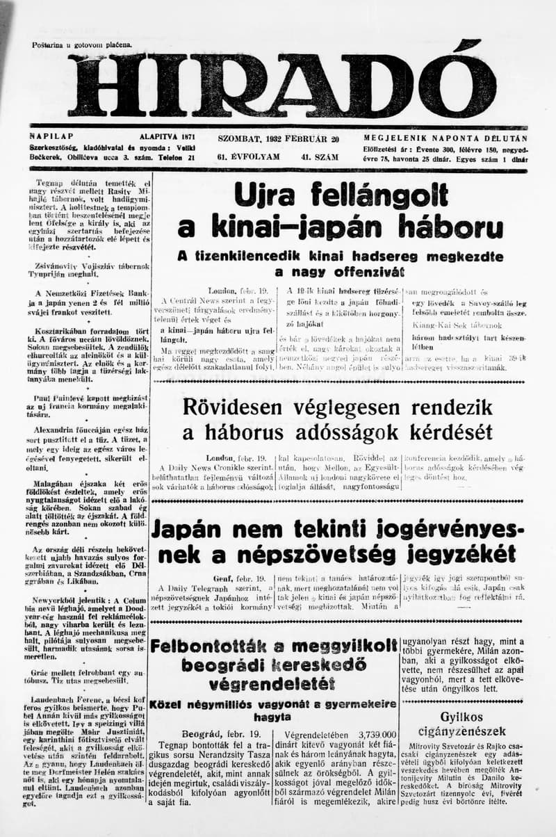 Híradó, 61. évf. 1932. február 20. 41. sz.