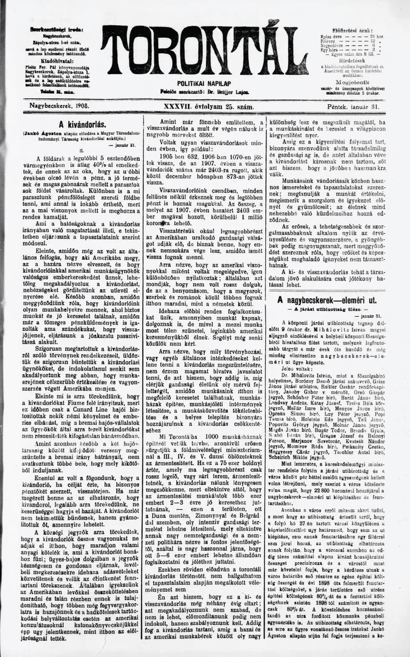 Torontál, 37. évf. 1908. január 31. 25. sz.