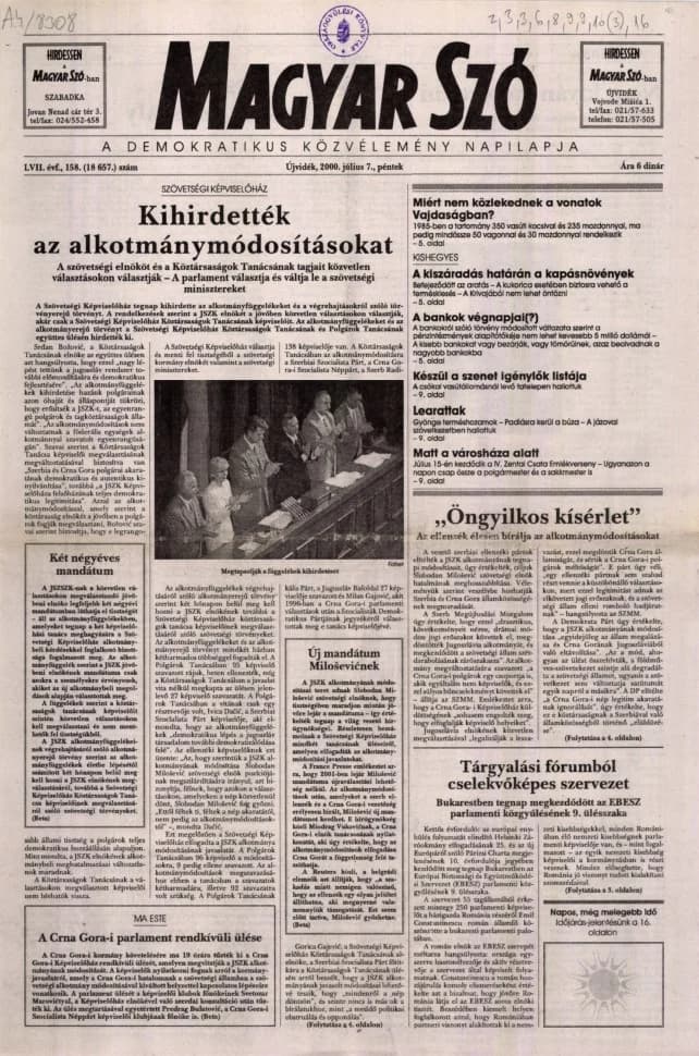 Magyar Szó, 57. évf. 2000. július 7. 158. sz. 1–16. oldal
