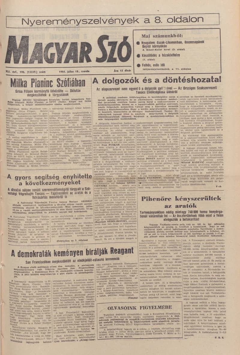 Magyar Szó, 41. évf. 1984. július 18. 196. sz. 1–16. oldal