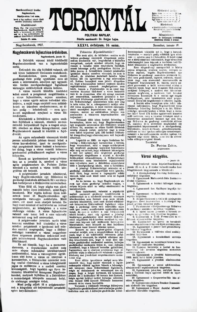 Torontál, 36. évf. 1907. január 19. 16. sz.