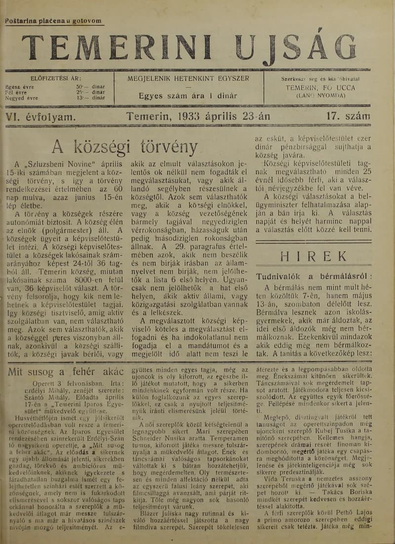 Temerini Újság 1928-1944, 6. évf. 1933. április 23. 17. sz.