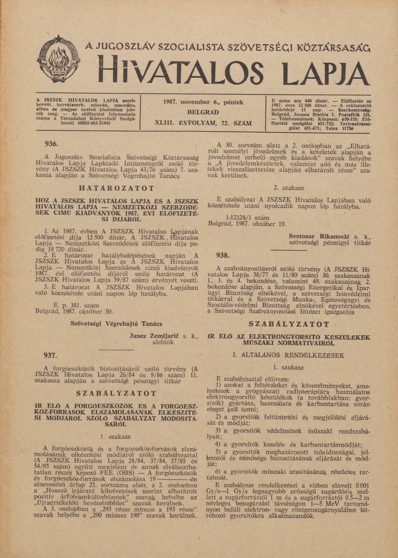 A Jugoszláv Szocialista Szövetségi Köztársaság Hivatalos Lapja, 43. évf. 1987. november 6. 72. sz. 1689–1728. oldal
