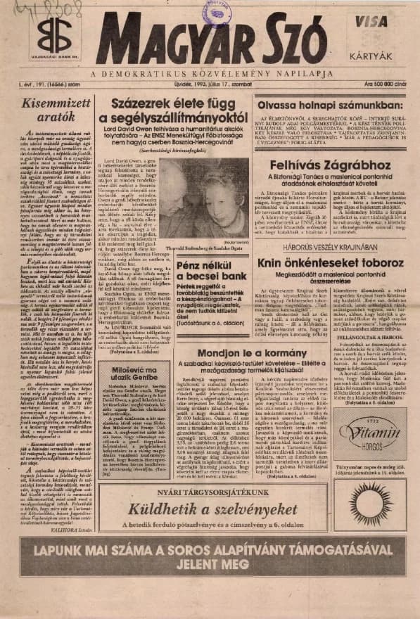 Magyar Szó, 50. évf. 1993. július 17. 191. sz. 1–16. oldal