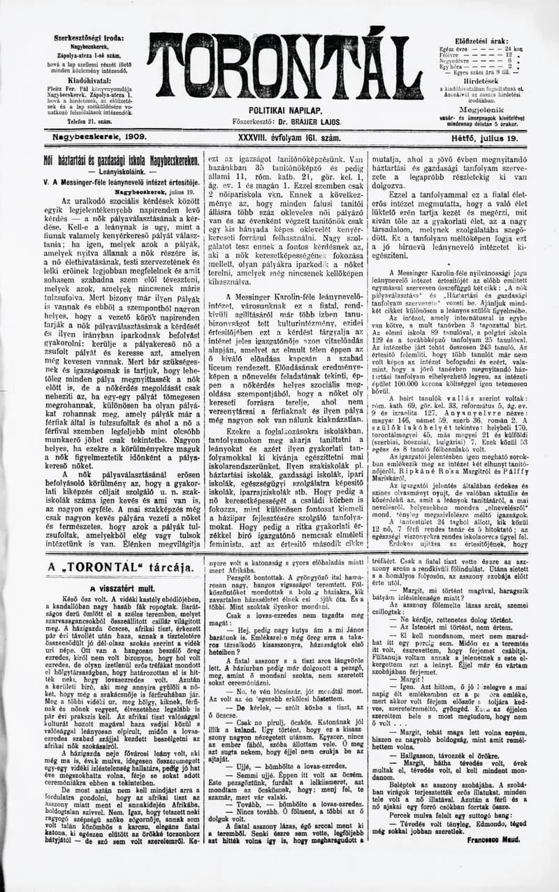 Torontál, 38. évf. 1909. július 19. 161. sz.