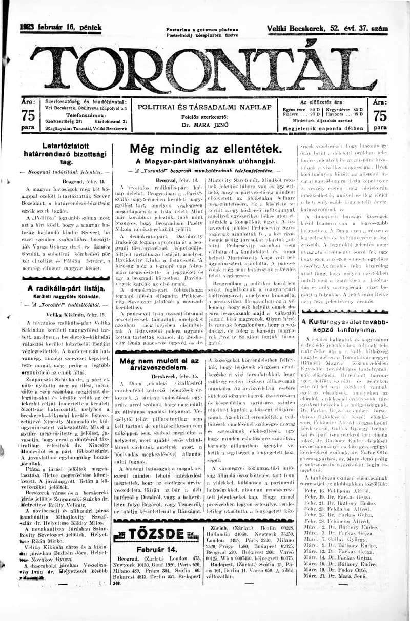 Torontál, 52. évf. 1923. február 16. 37. sz.