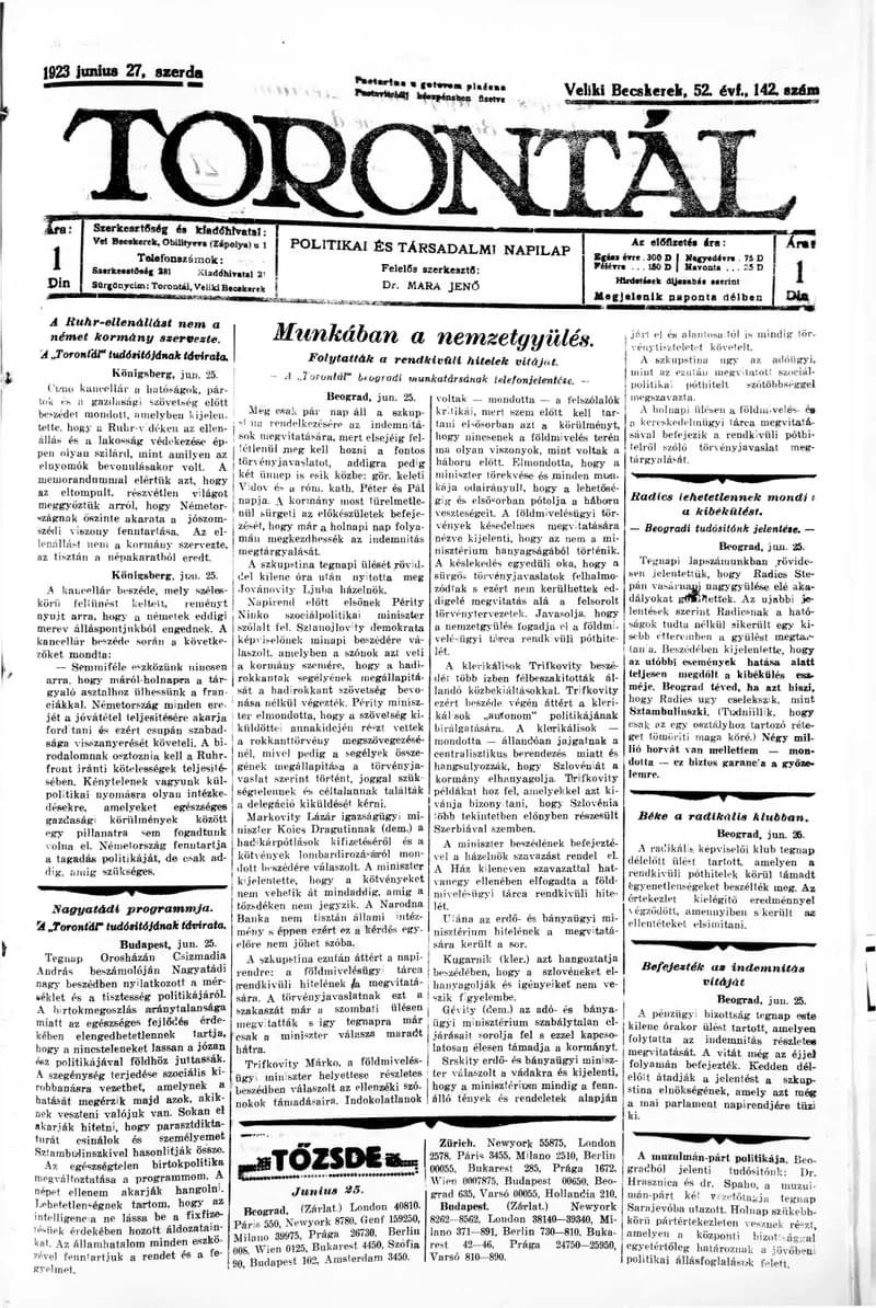 Torontál, 52. évf. 1923. június 27. 142. sz.