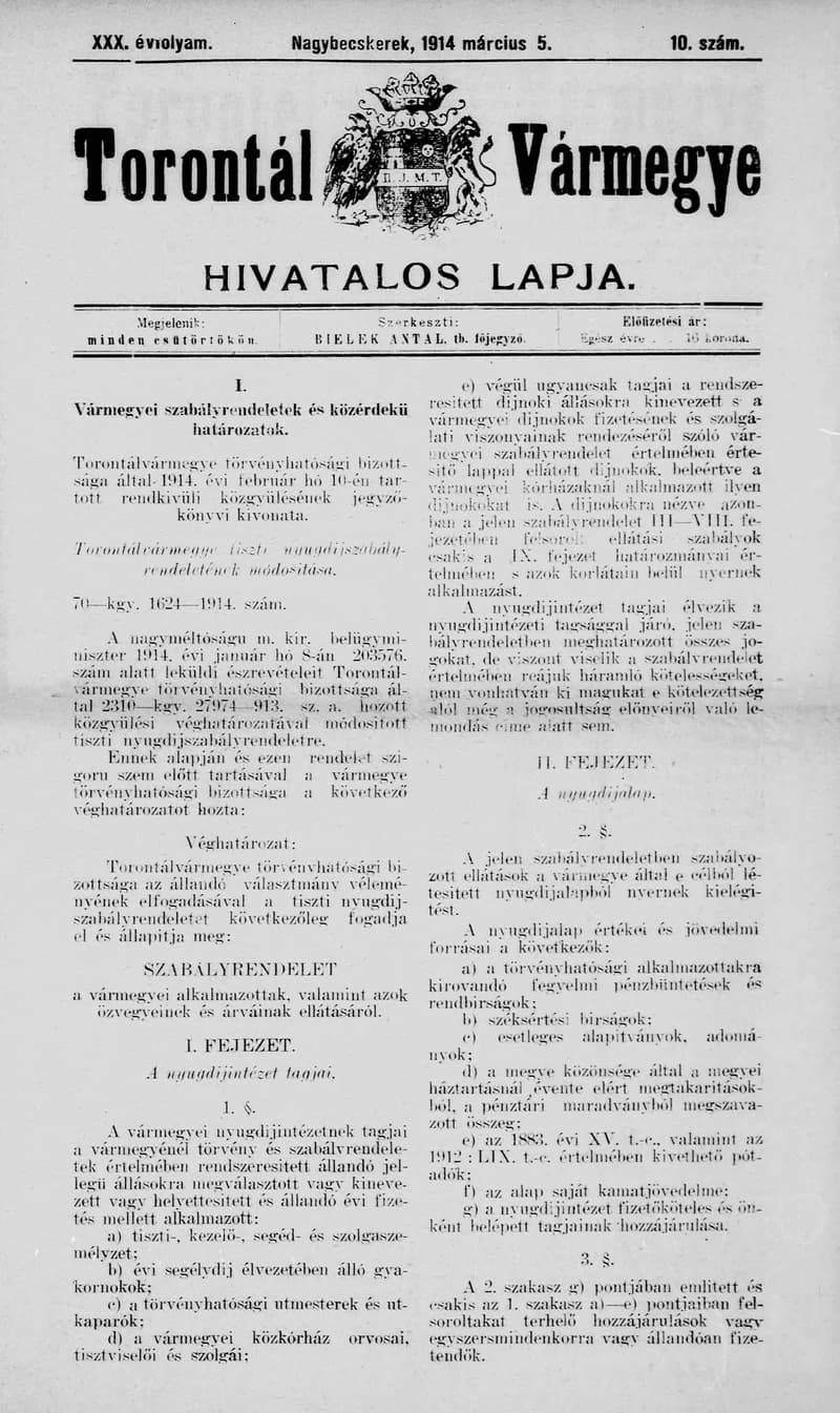 Torontál Vármegye Hivatalos Lapja, 30. évf. 1914. március 5. 10. sz.