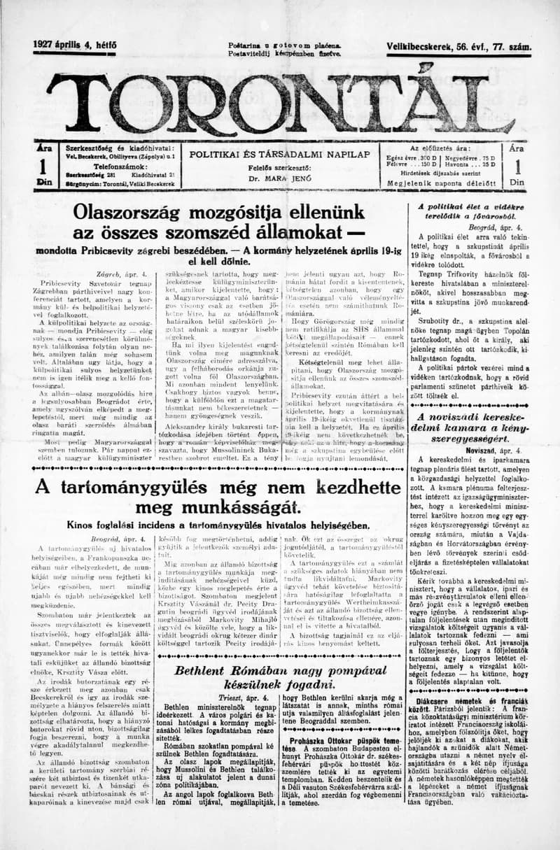 Torontál, 56. évf. 1927. április 4. 77. sz.