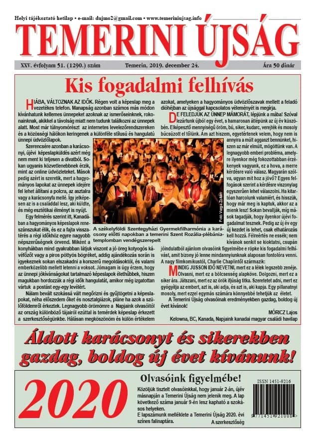 Temerini Újság, 25. évf. 2019. december 26. 51. sz.