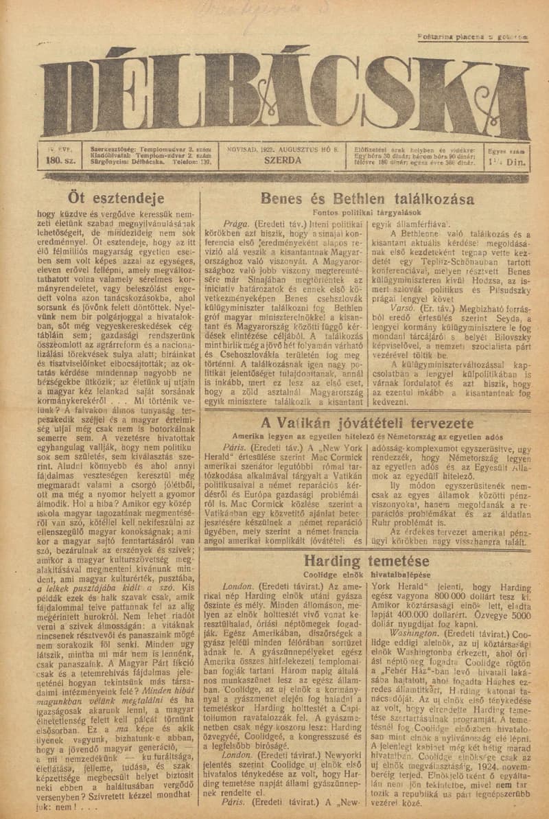 Délbácska, 4. évf. 1923. augusztus 8. 180. sz.