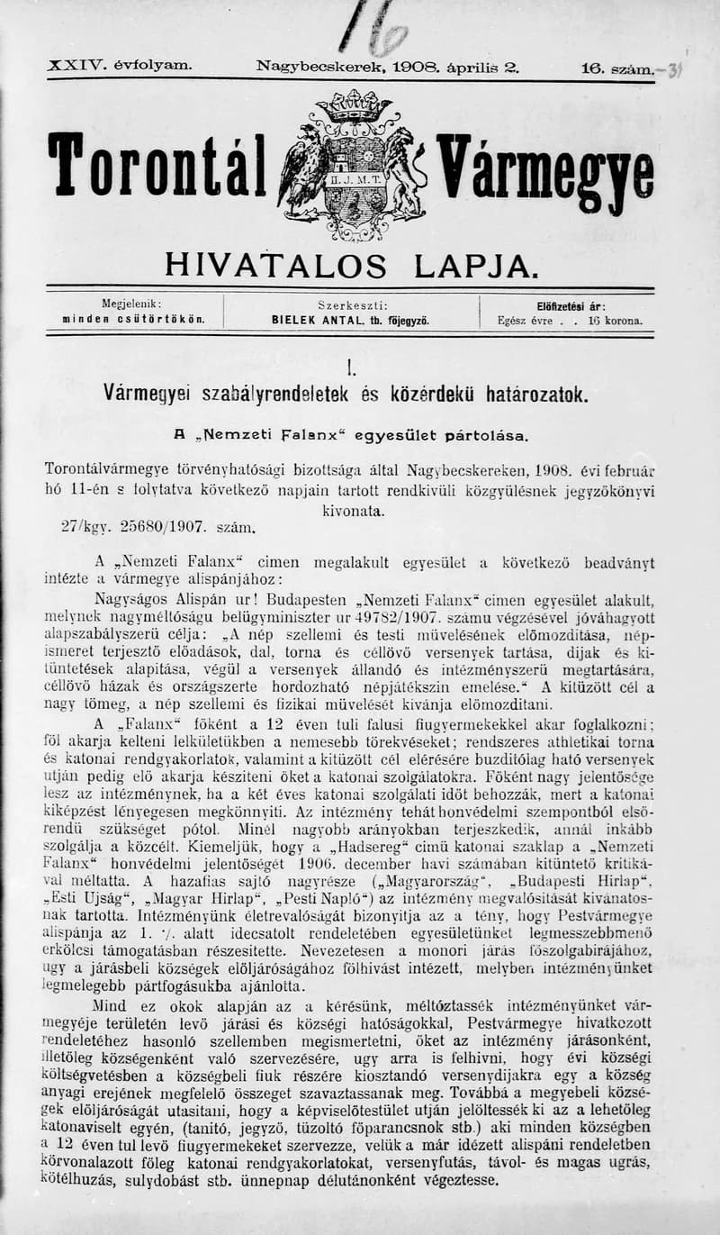 Torontál Vármegye Hivatalos Lapja, 24. évf. 1908. április 2. 16. sz.