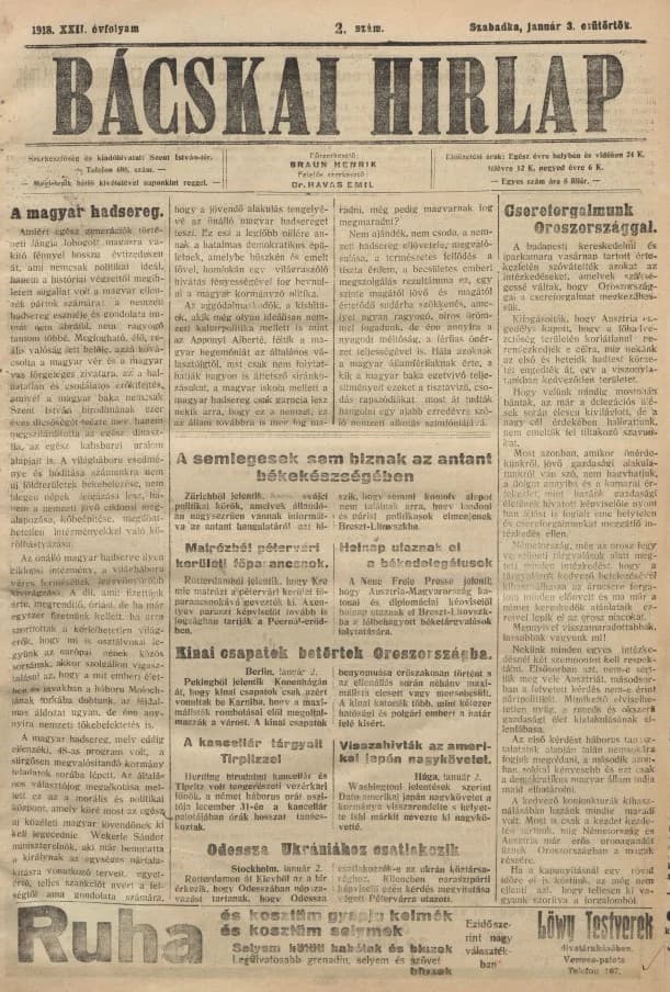 Bácskai Hirlap, 22. évf. 1918. január 3. 2. sz.