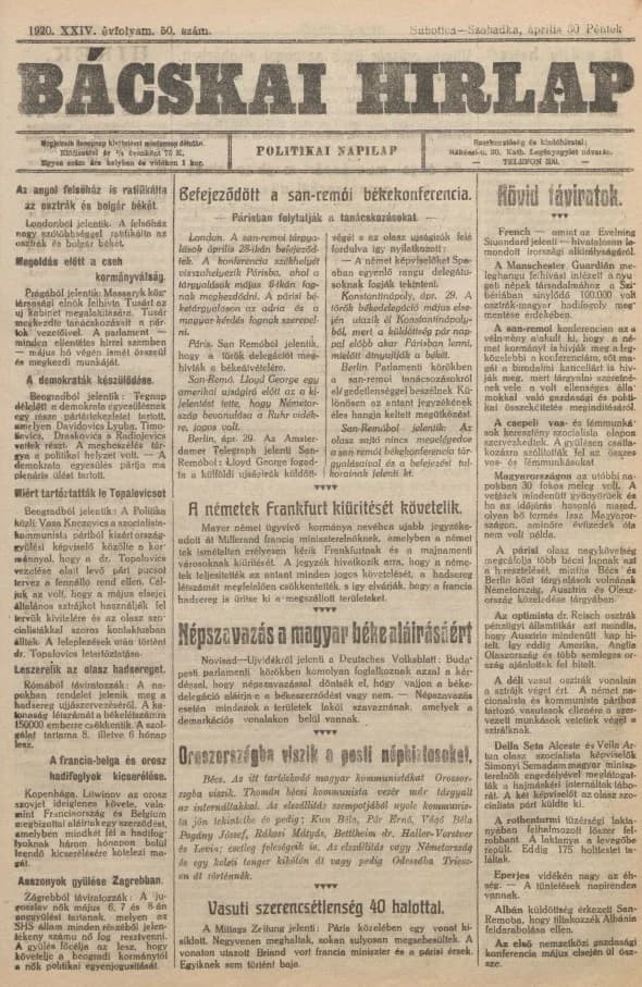 Bácskai Hirlap, 24. évf. 1920. április 30. 50. sz.