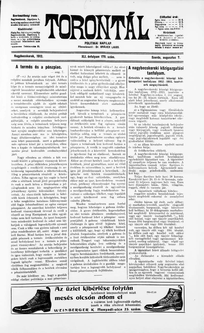 Torontál, 41. évf. 1912. augusztus 7. 179. sz.