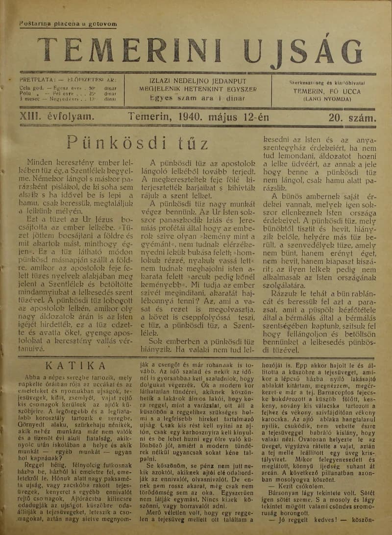 Temerini Újság 1928-1944, 13. évf. 1940. május 12. 20. sz.