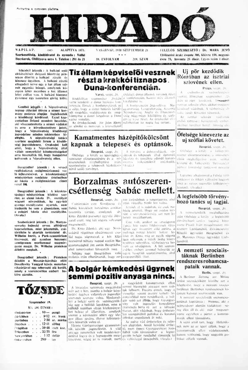 Híradó, 59. évf. 1930. szeptember 21. 219. sz.