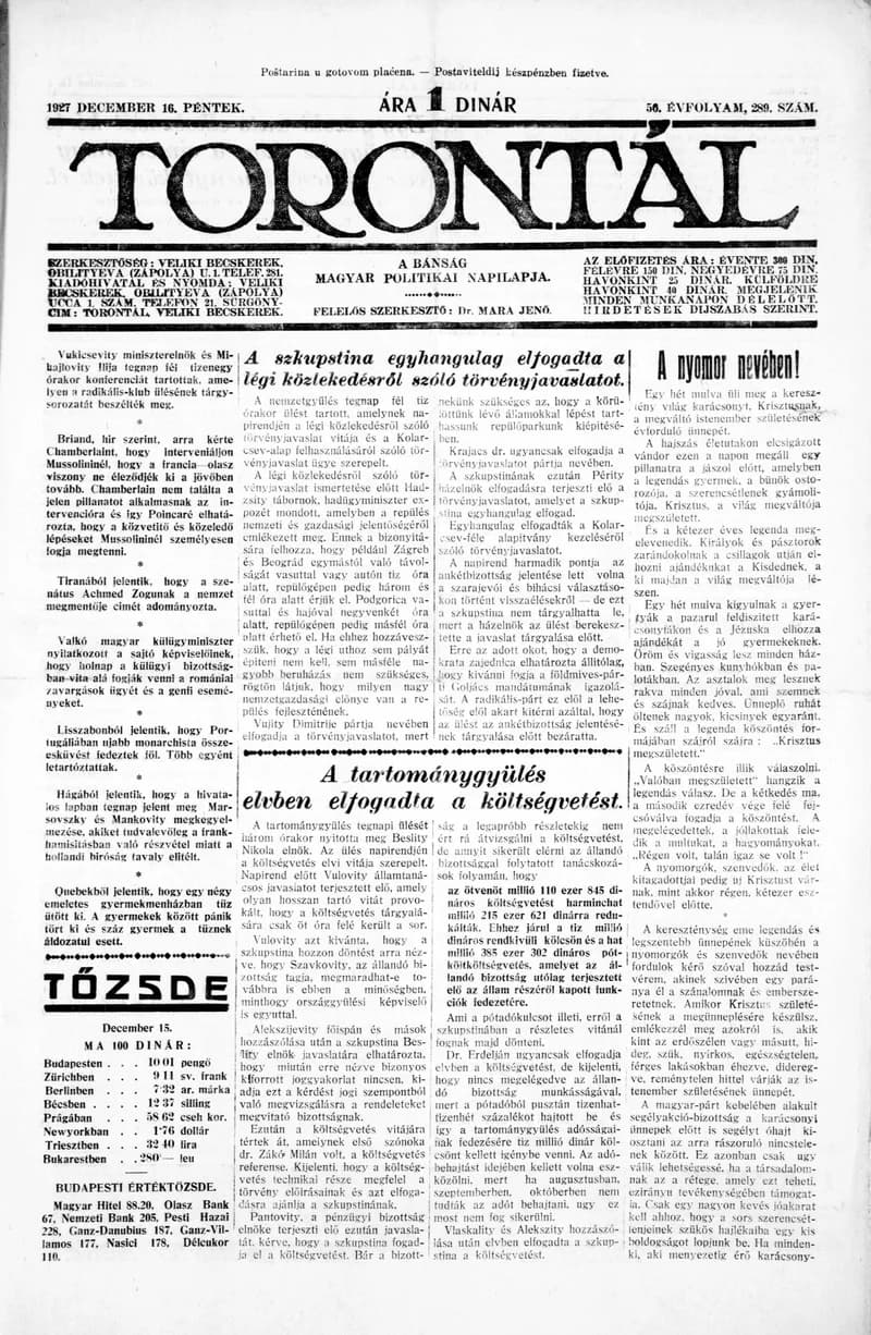 Torontál, 56. évf. 1927. december 16. 289. sz.