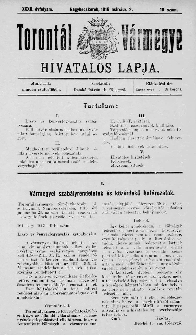 Torontál Vármegye Hivatalos Lapja, 32. évf. 1916. március 2. 10. sz.