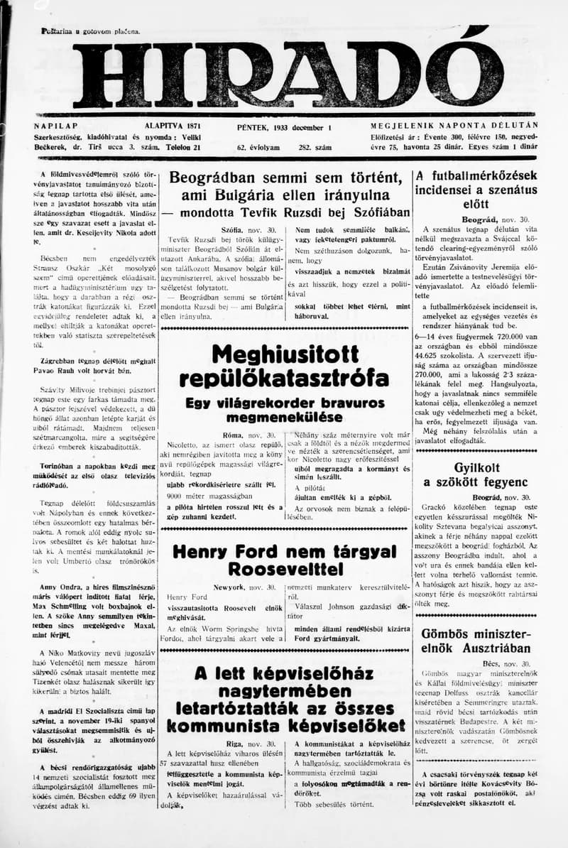 Híradó, 62. évf. 1933. december 1. 282. sz.