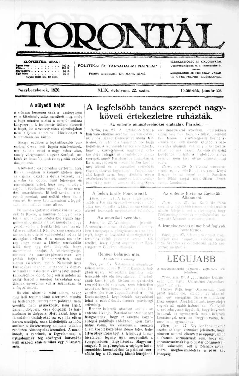 Torontál, 49. évf. 1920. január 29. 22. sz.