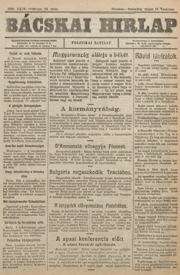 Bácskai Hirlap, 24. évf. 1920. május 16. 64. sz.