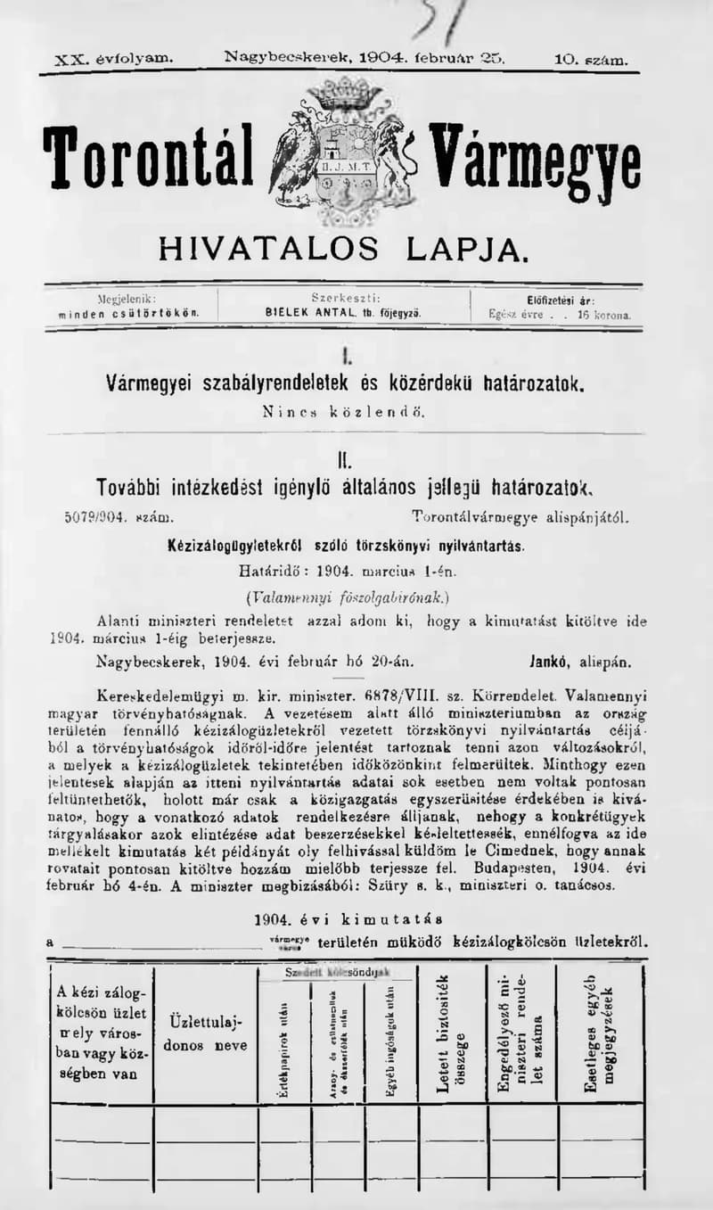 Torontál Vármegye Hivatalos Lapja, 20. évf. 1904. február 25. 10. sz.