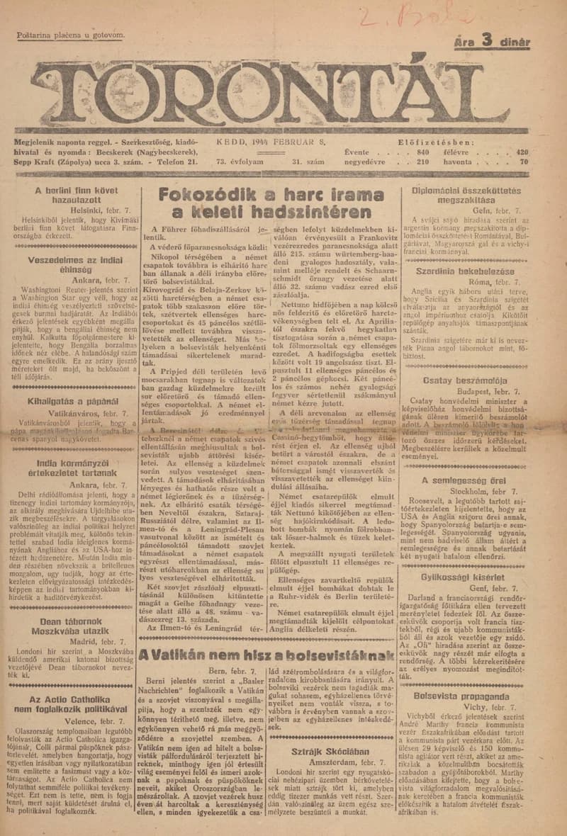 Torontál, 73. évf. 1944. február 8. 31. sz.