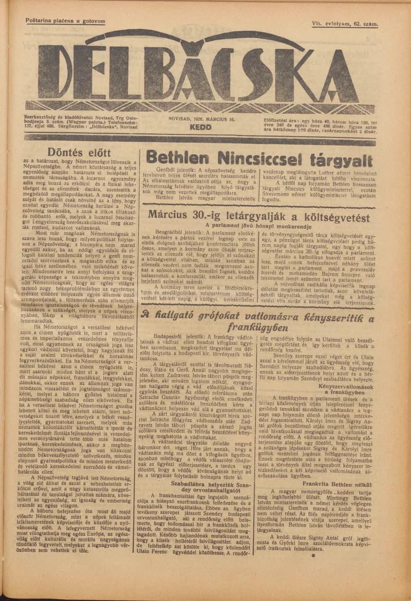 Délbácska, 7. évf. 1926. március 16. 62. sz.